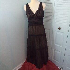 ANNE KLEIN 8 100% SILK TIERED MAXI DRESS FULLY LINED V-NECK SIDE ZIP SHEER GOTH